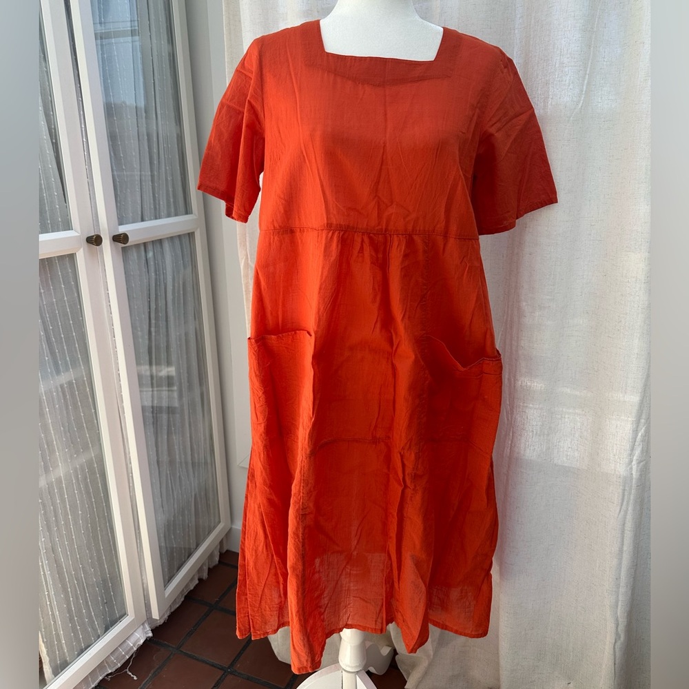 Gudrun Sjoden Semi-Sheer Orange Coral Dress Lagenlook Size Small